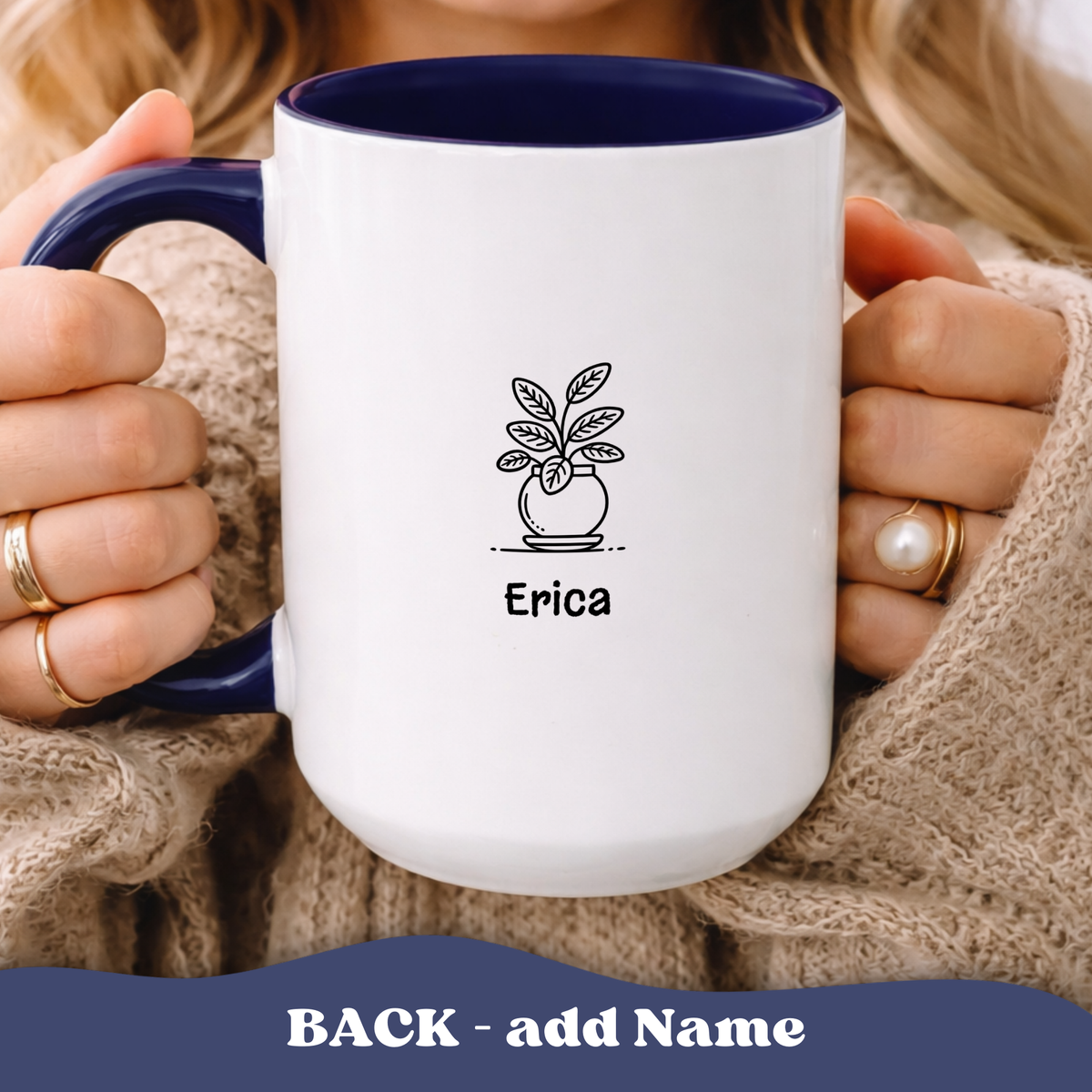 Person holding Easily Distracted by Plants accent mug with navy interior, personalized name 'Erica'.