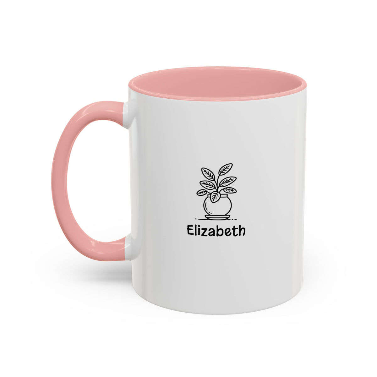 White accent mug with pink interior, potted plant graphic, personalized name 'Elizabeth', 11oz.