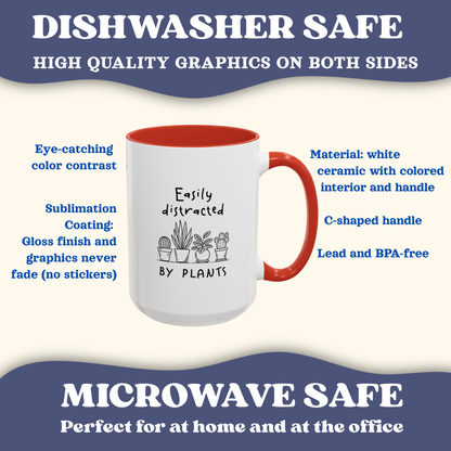 Red accent mug with cacti graphic and 'easily distracted by plants' text, dishwasher and microwave safe callouts.