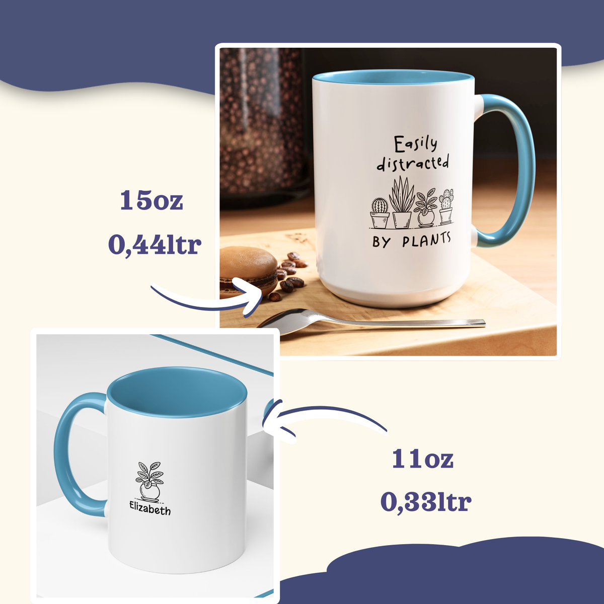 Easily Distracted by Plants accent mug with blue handle, personalized name 'Elizabeth', 15oz and 11oz sizes.