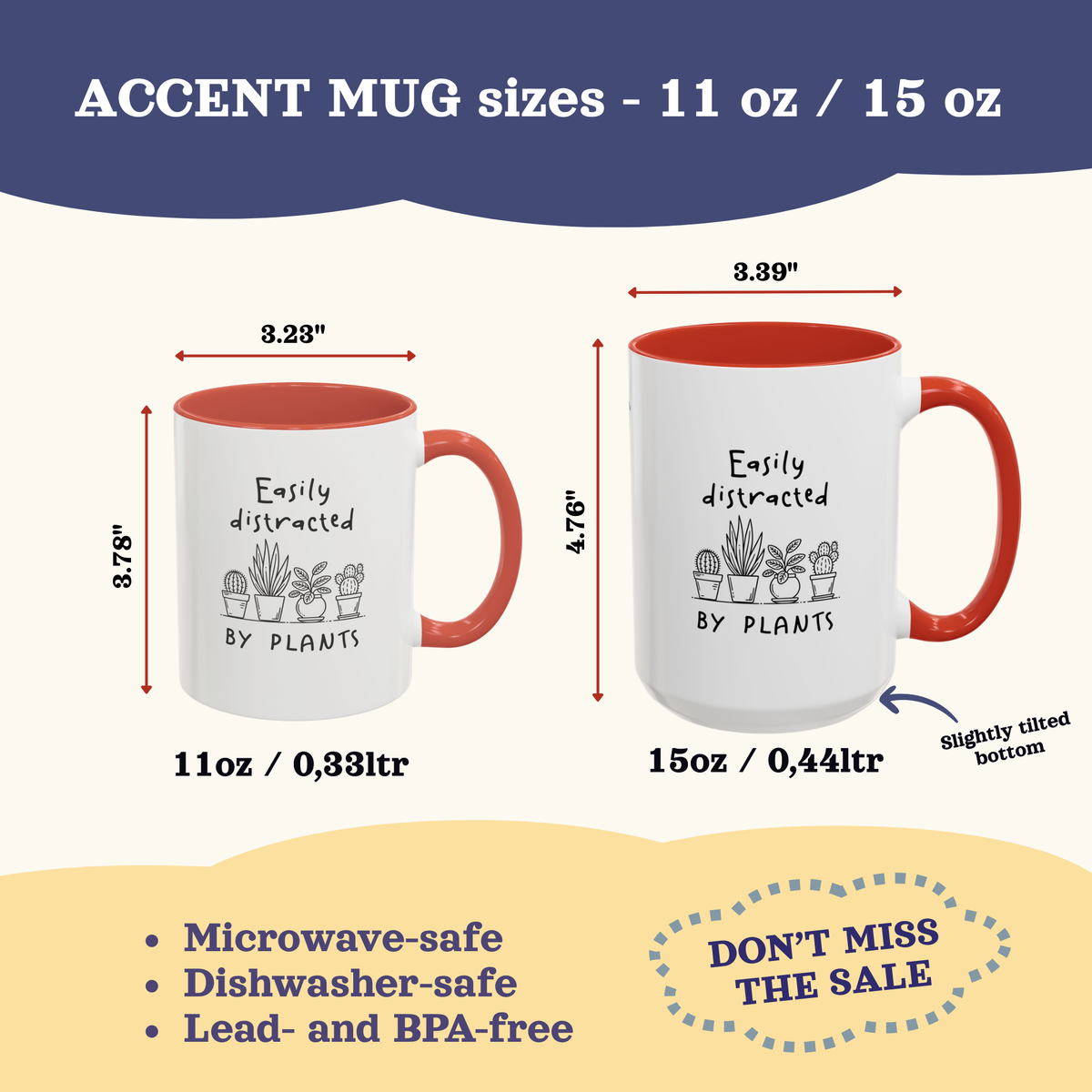 Easily Distracted by Plants accent mug in 11oz and 15oz with red handle, size and capacity callouts.
