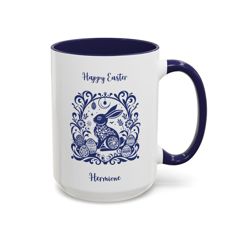 Personalised Easter egg bunny mug in navy folk art, Happy Easter with a name