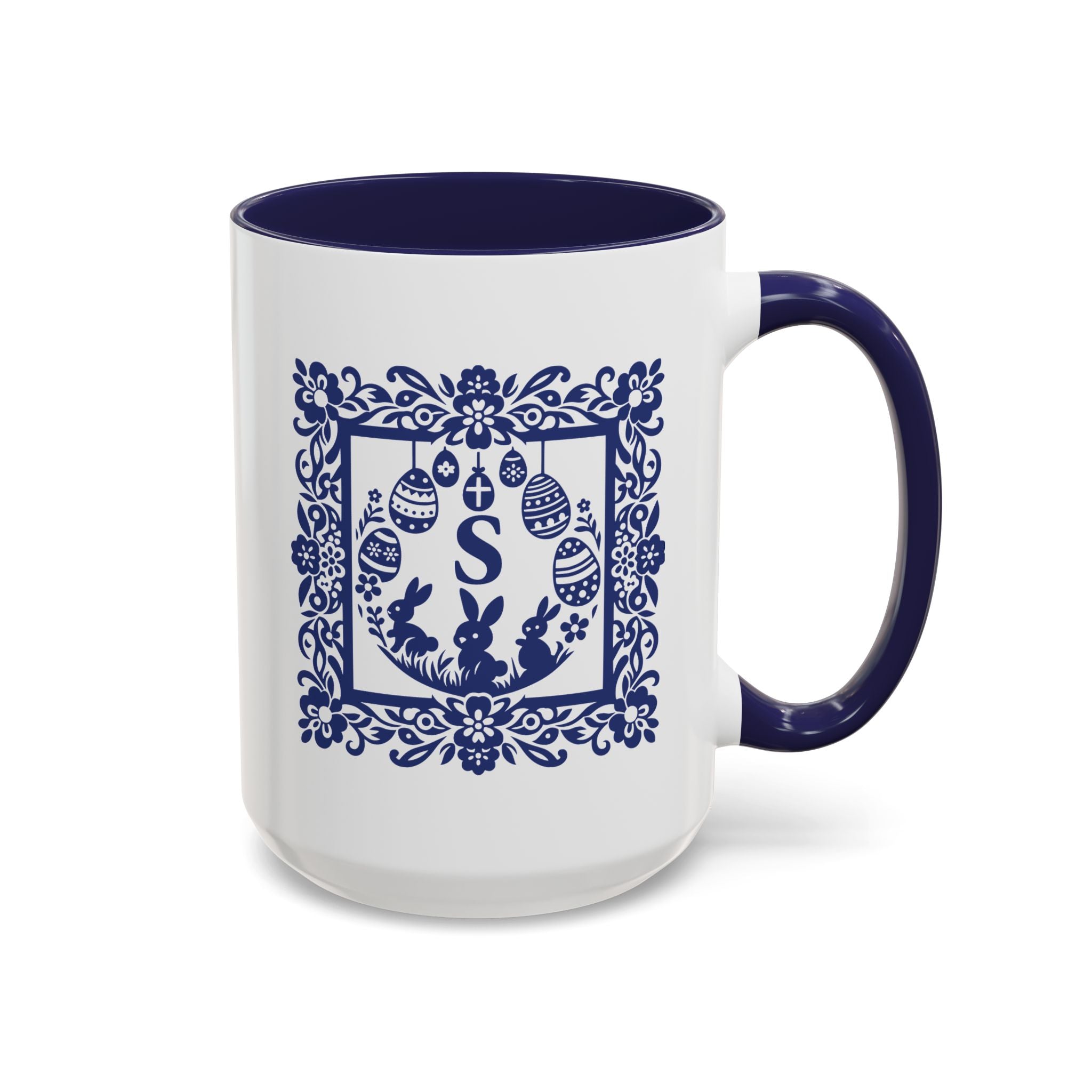 Personalised Easter monogram mug in blue folk art, initial framed by eggs and bunnies