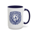 Personalised Easter monogram wreath mug in blue folk art, initial circled by flowers and eggs