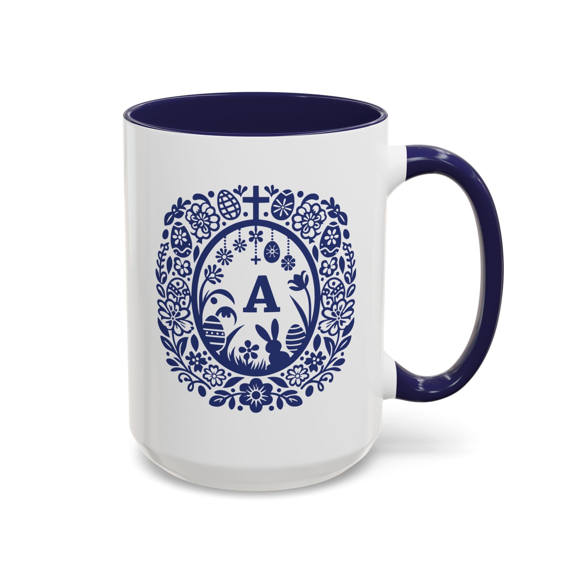 Personalised Easter monogram wreath mug in blue folk art, initial circled by flowers and eggs