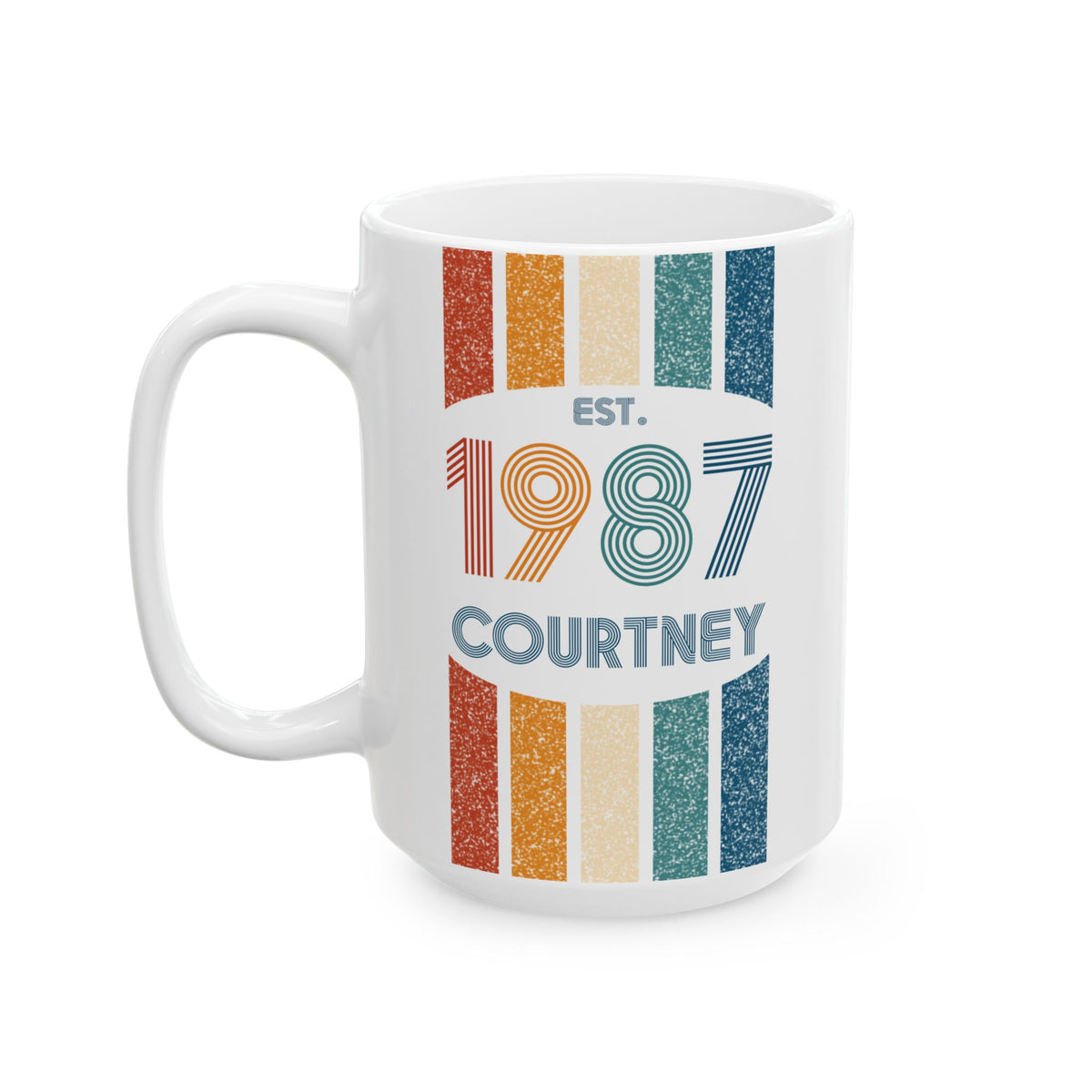 A white ceramic 15oz mug with a colorful retro design featuring vertical stripes in orange, beige, teal, and blue, with the text 'EST. 1987 COURTNEY' printed on the front. Left handle view.