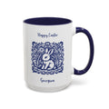 Personalised folk bunny Easter mug in blue and white, Happy Easter with a name