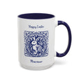 Personalised folk garden bunny Easter mug in navy, Happy Easter with a name
