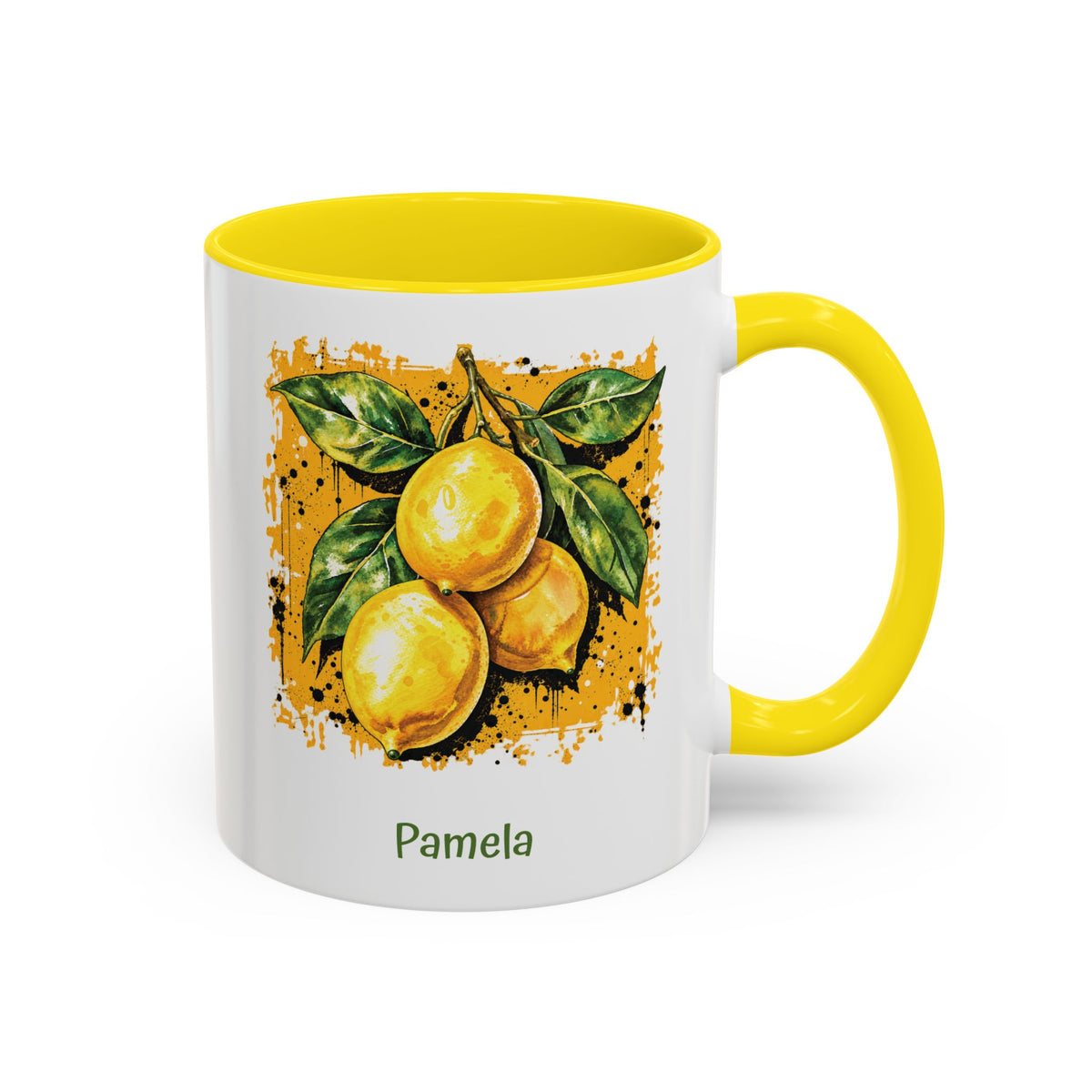 A white ceramic 11oz mug with a bright yellow handle and yellow interior, featuring a printed illustration of three yellow lemons with green leaves on darker yellow textured background. The name 'Michelle' is printed in green below the artwork. Right handle view.