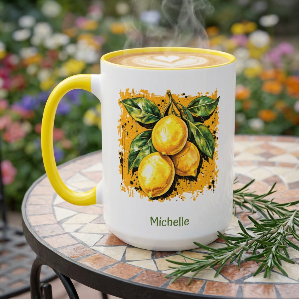 A white ceramic 15oz mug with a yellow handle and yellow rim, featuring a printed illustration of three lemons on a branch with green leaves on a yellow background, and the name 'Michelle' printed below. The mug is filled with a hot beverage and sits on a mosaic table in an outdoor garden setting.