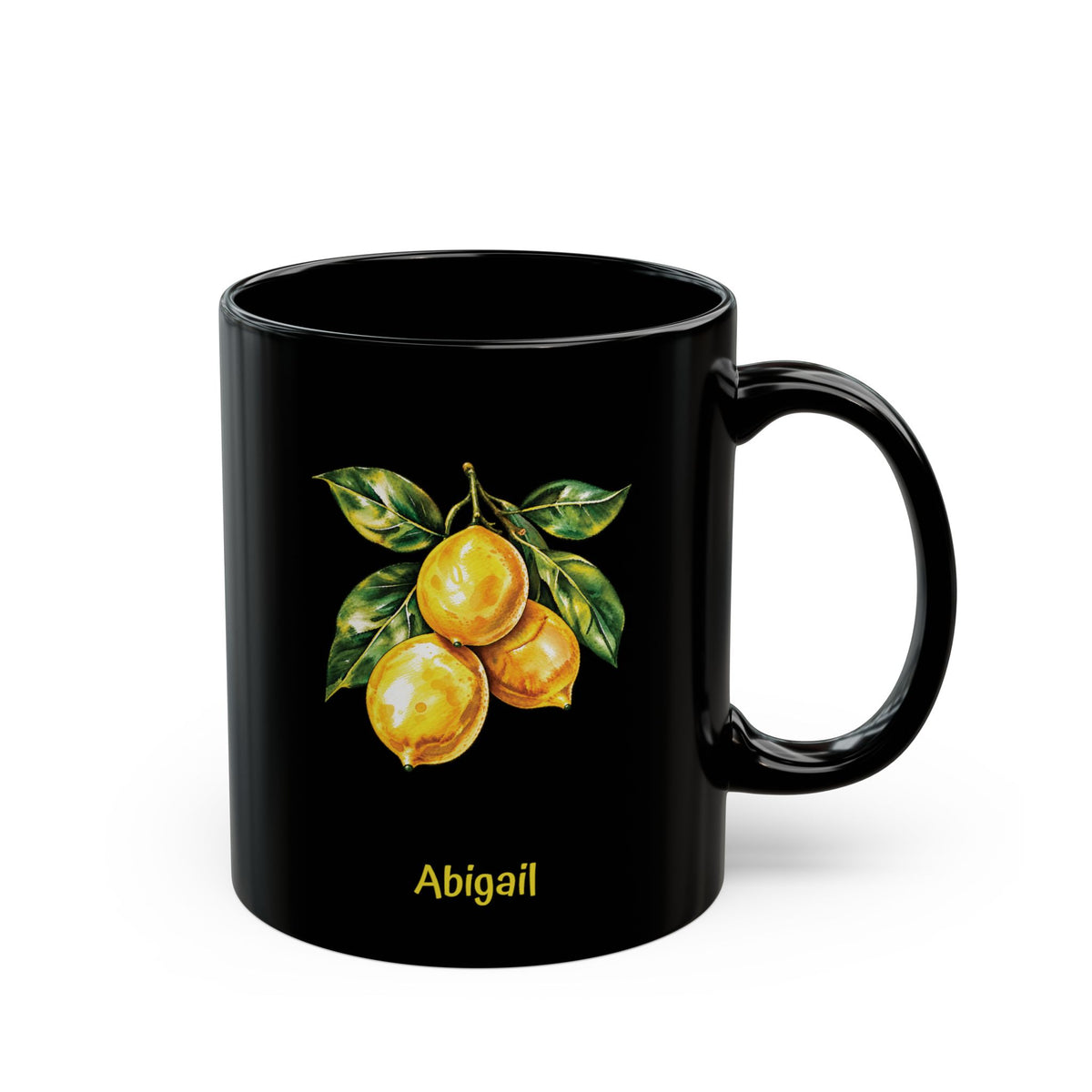 A black ceramic 11oz mug featuring a printed illustration of three yellow lemons with green leaves and the name 'Cynthia' in yellow text below, shown on a plain white background. Right handle view.