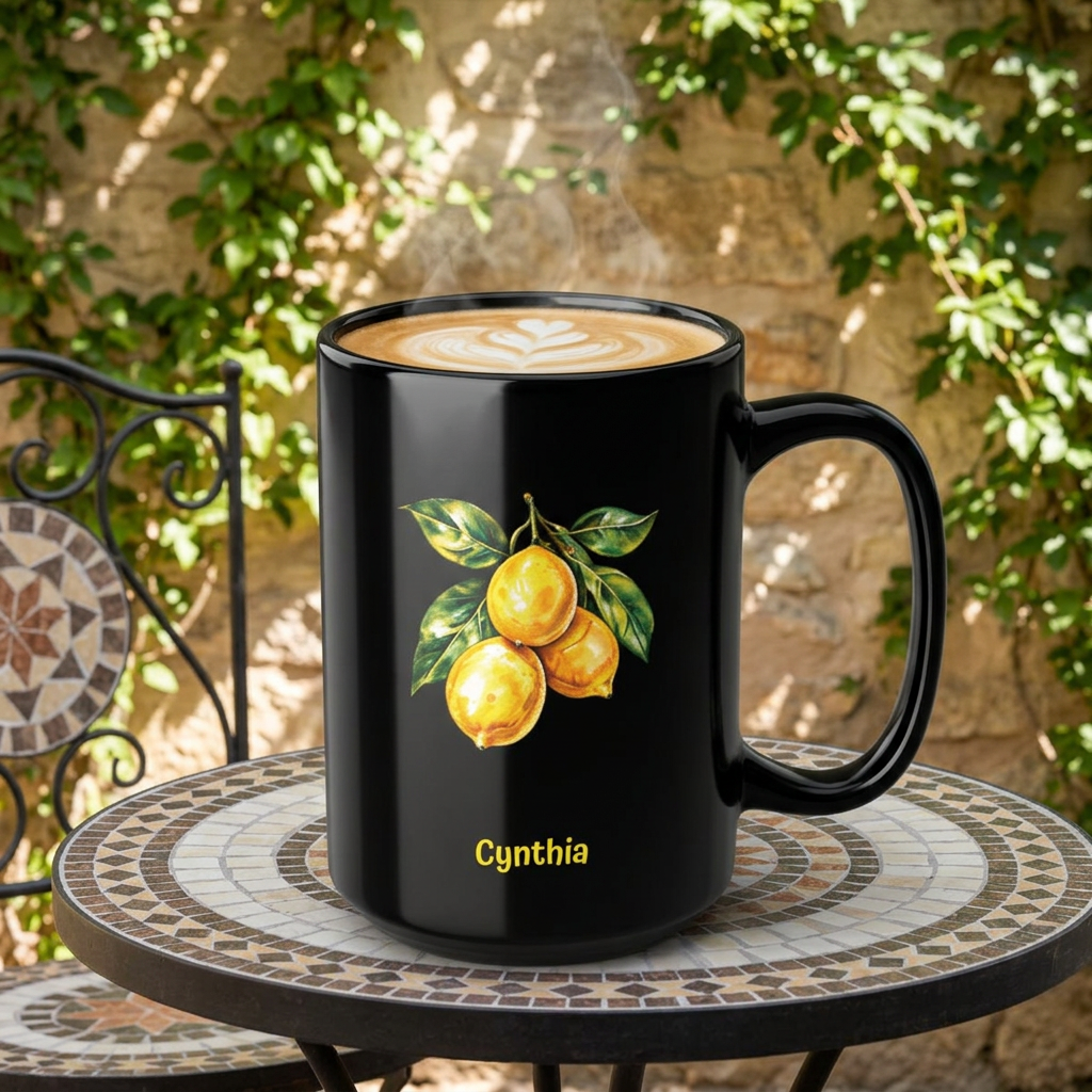 A black ceramic 15oz mug with a handle, featuring a printed illustration of three yellow lemons with green leaves and the name 'Cynthia' in gold at the bottom. The mug is filled with a latte and sits on a mosaic outdoor table with a stone wall and green foliage in the background.