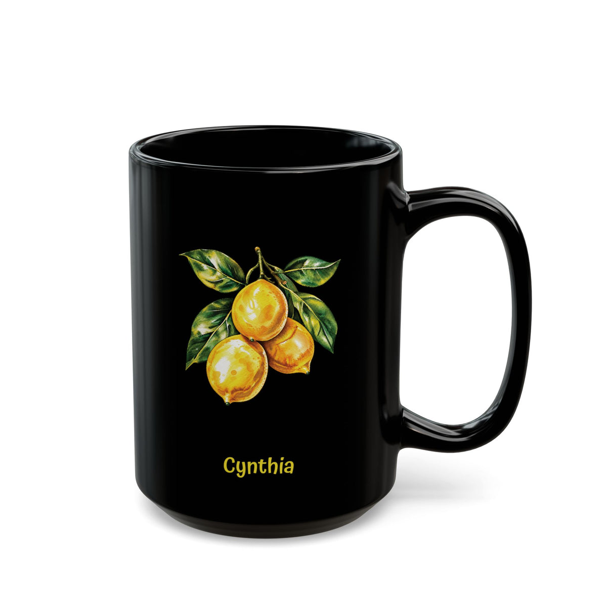 A glossy black 15oz ceramic mug featuring a printed illustration of three yellow lemons with green leaves on a branch, and the name 'Cynthia' in yellow text below. The mug is shown on a clean white background. Right handle view.