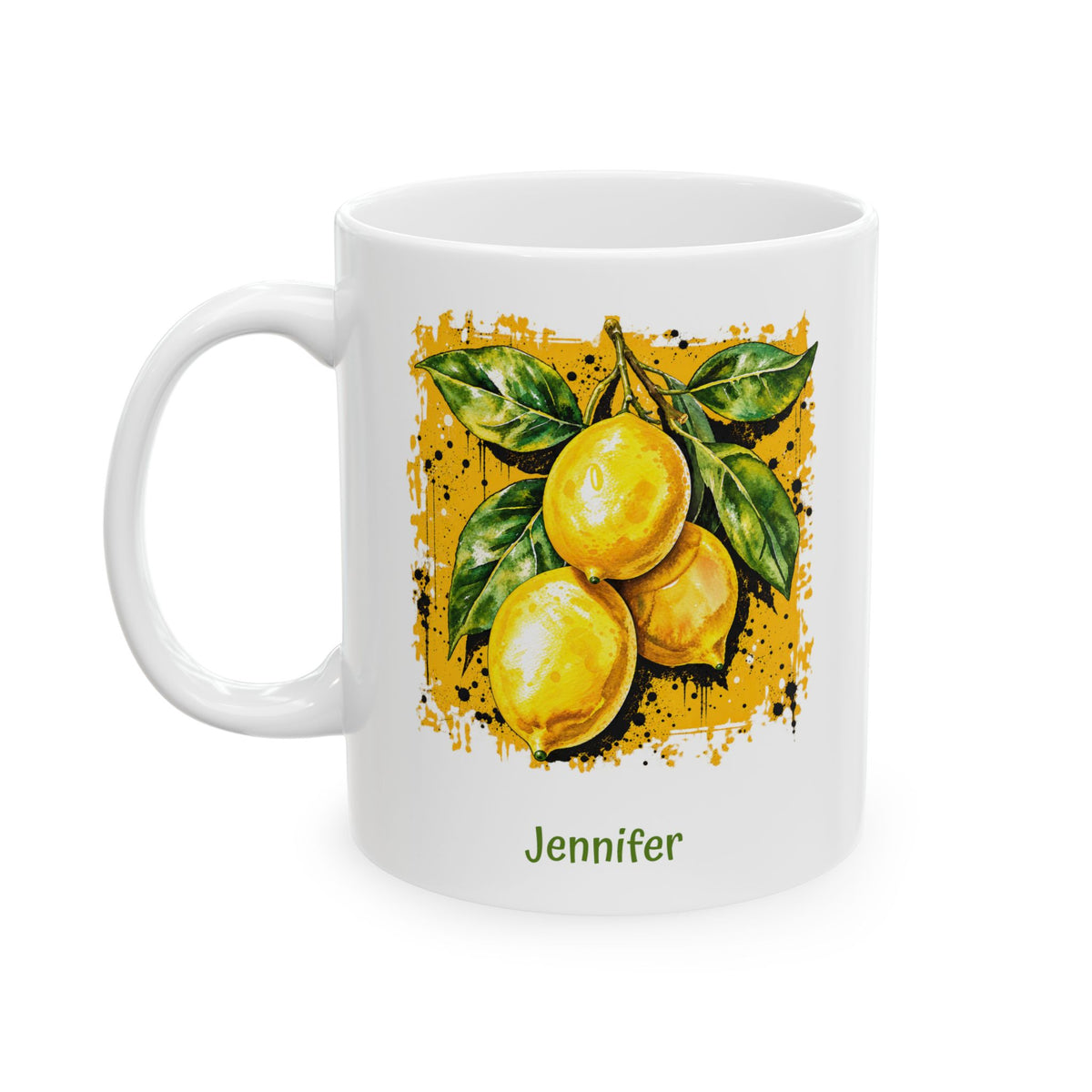 A white ceramic 11oz mug with a printed illustration of three yellow lemons with green leaves on a darker yellow textured background, and the name 'Jennifer' printed in green below. Left handle view.