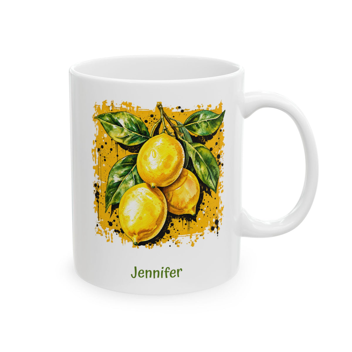 A white ceramic 11oz mug with a printed illustration of three yellow lemons with green leaves on a darker yellow textured background, and the name 'Jennifer' printed in green below. Right handle view.