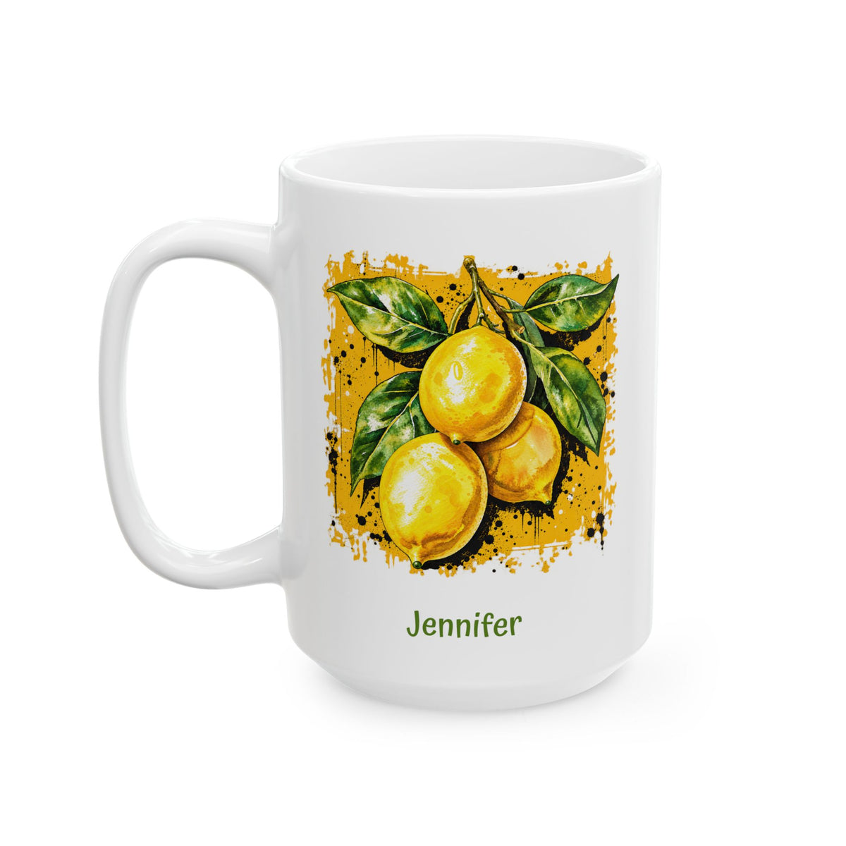 A white ceramic 15oz mug with a printed illustration of three yellow lemons with green leaves on a darker yellow textured background, and the name 'Jennifer' printed in green below. Left handle view.