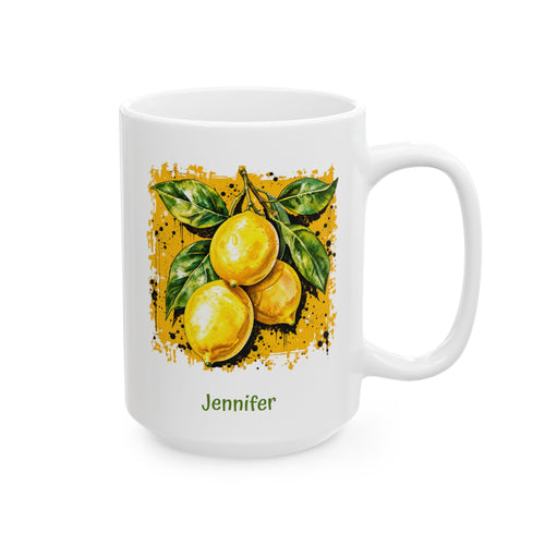 A white ceramic 15oz mug with a printed illustration of three yellow lemons with green leaves on a darker yellow textured background, and the name 'Jennifer' printed in green below. Right handle view.