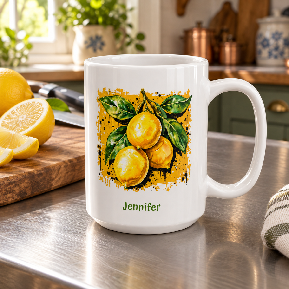 A white ceramic 15oz mug with a printed illustration of three yellow lemons with green leaves and the name 'Jennifer' printed in green below, placed in a vintage kitchen.