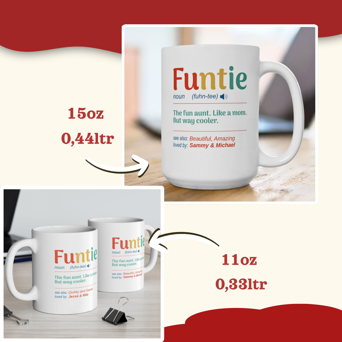 A white ceramic mug with a colorful 'Funtie' dictionary-style printed design, shown in multiple views on a beige graphic background with red accents. Text indicates 15oz / 0,44lt and 11oz / 0,33lt capacities.