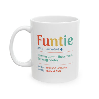 A white ceramic 11oz mug with a colorful printed dictionary-style definition for the word 'Funtie' on the front, shown on a clean white background. Left handle view.