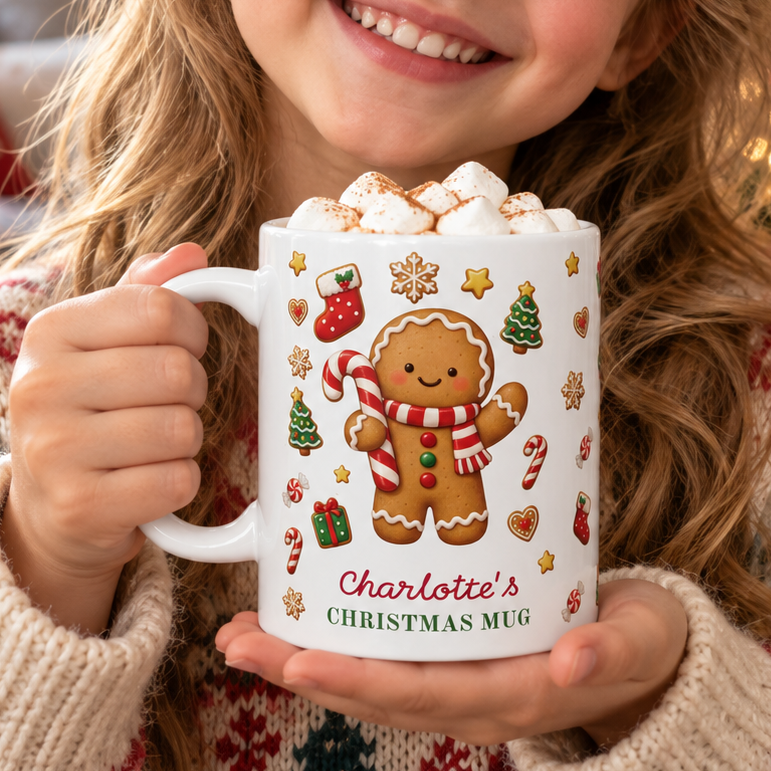 Smiling girl holding a white 11oz Christmas mug with a gingerbread cookie and the text 'Charlotte's Christmas Mug'.