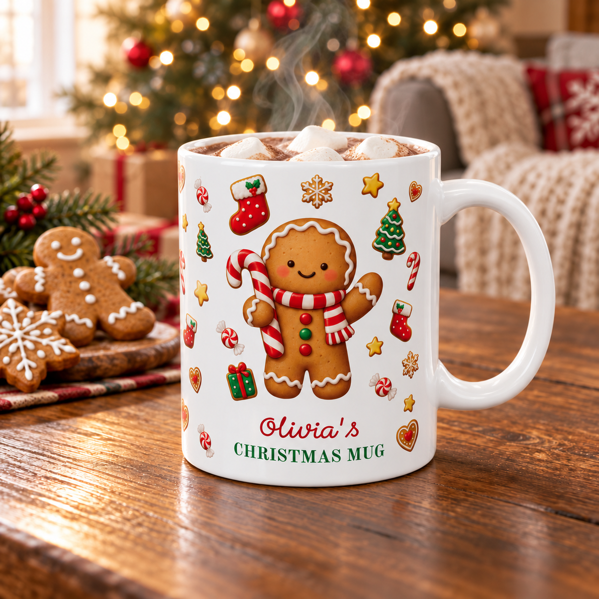 White ceramic 11oz gingerbread Christmas mug filled with hot cocoa and marshmallows on a wooden table in a cozy living room.
