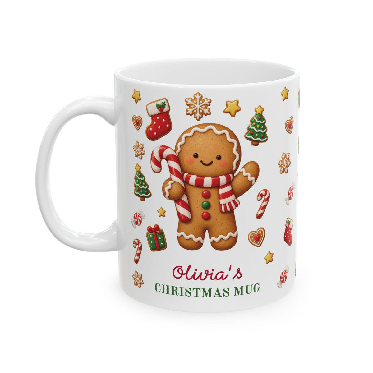 White ceramic 11oz Christmas mug with a gingerbread cookie, candy canes and the text 'Olivia's CHRISTMAS MUG'. Left handle view.