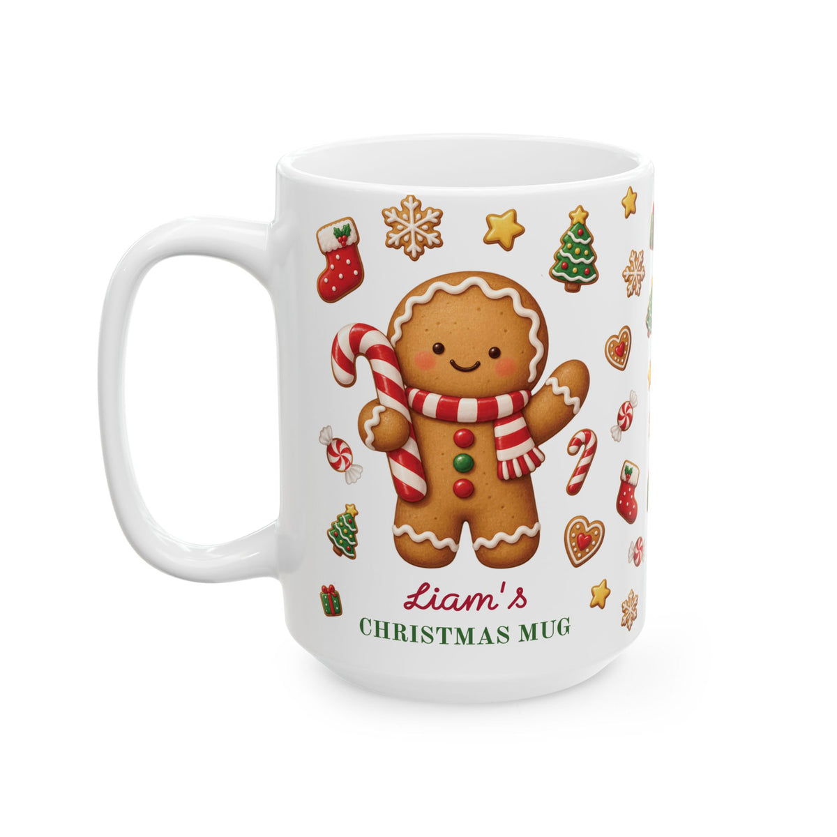 White ceramic 15oz Christmas mug with a gingerbread cookie, candy canes and the text 'Liam's CHRISTMAS MUG'. Left handle view.