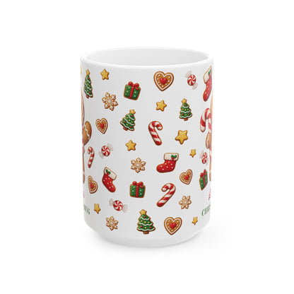 White ceramic 15oz mug with a Christmas pattern of gingerbread cookies, candy canes, stockings, gifts and trees. Handle not visible.