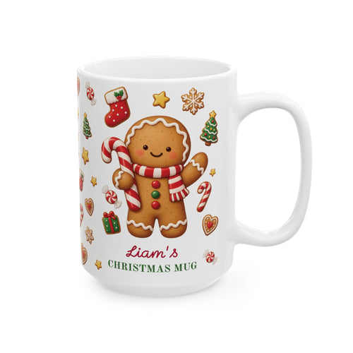 White ceramic 15oz Christmas mug with a gingerbread cookie, candy cane and the text 'Liam's CHRISTMAS MUG'. Right handle view.