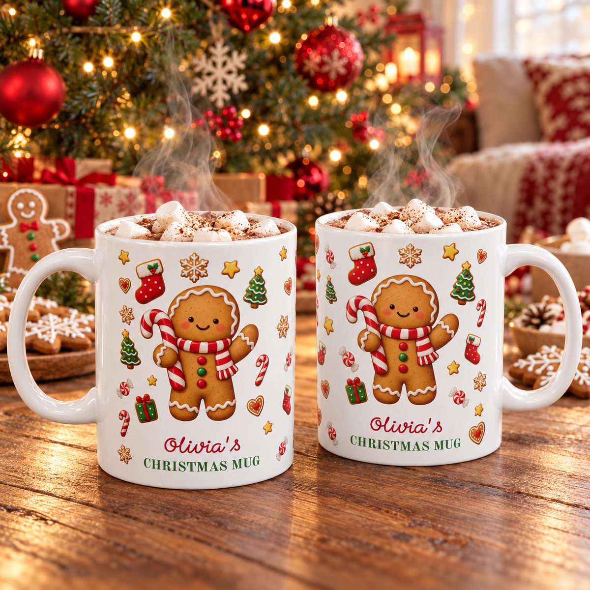 Two white ceramic 11oz gingerbread Christmas mugs with hot cocoa and marshmallows on a wooden table in a cozy living room.