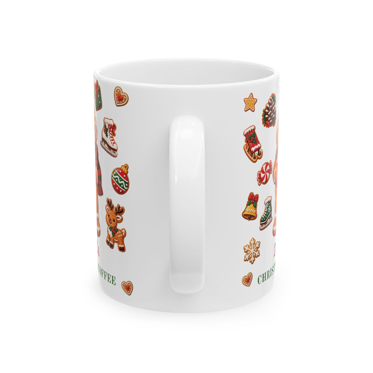 Handle view of a white ceramic 11oz mug, decorated with a vertical pattern of various Christmas gingerbread cookies, gifts, and candy canes.