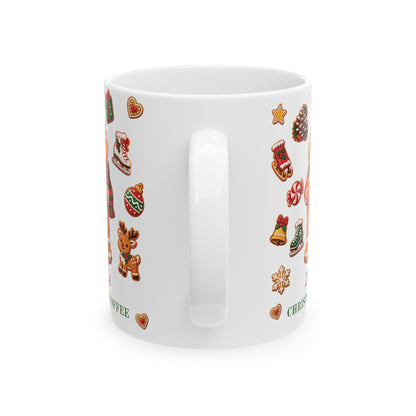 Handle view of a white ceramic 11oz mug, decorated with a vertical pattern of various Christmas gingerbread cookies, gifts, and candy canes.