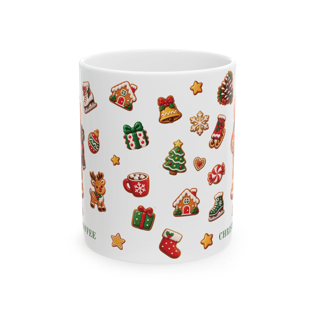 A white ceramic 11oz mug decorated with a festive Christmas pattern featuring gingerbread houses, stockings, a Christmas tree, gifts, stars, and a hot cocoa cup. Handle not visible.