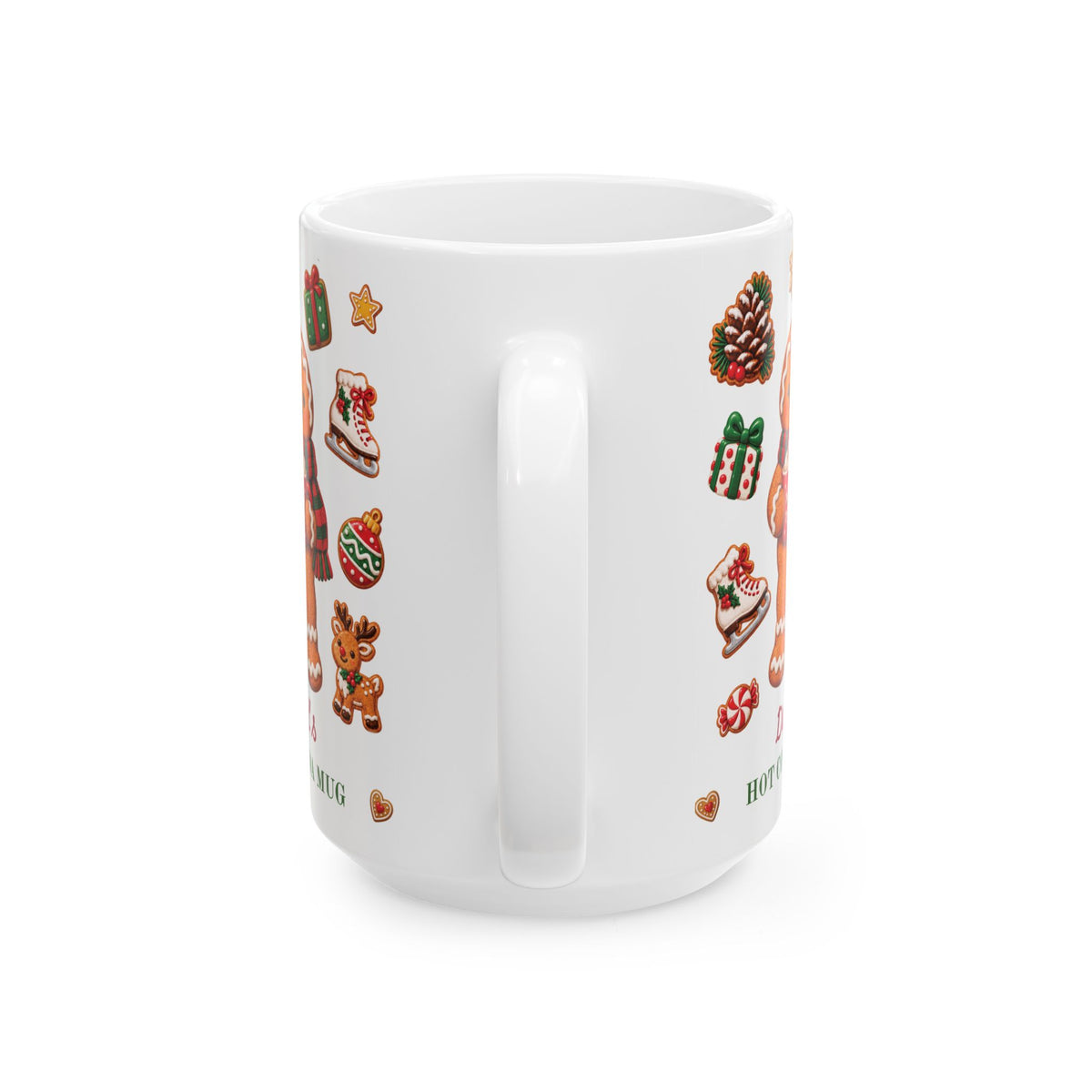 Handle view of a white ceramic 15oz mug, decorated with a vertical pattern of various Christmas gingerbread cookies, gifts, and candy canes.