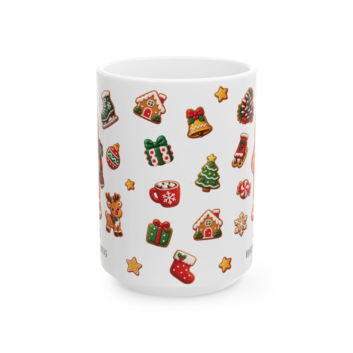A white ceramic 15oz mug decorated with a festive Christmas pattern featuring gingerbread houses, stockings, a Christmas tree, gifts, stars, and a hot cocoa cup. Handle not visible.