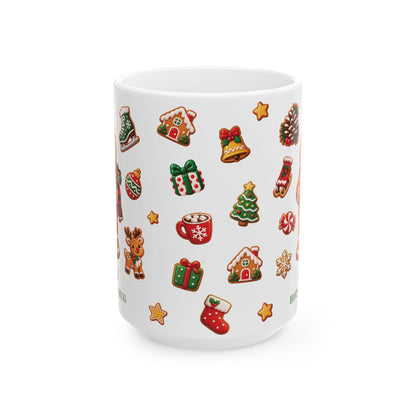 A white ceramic 15oz mug decorated with a festive Christmas pattern featuring gingerbread houses, stockings, a Christmas tree, gifts, stars, and a hot cocoa cup. Handle not visible.