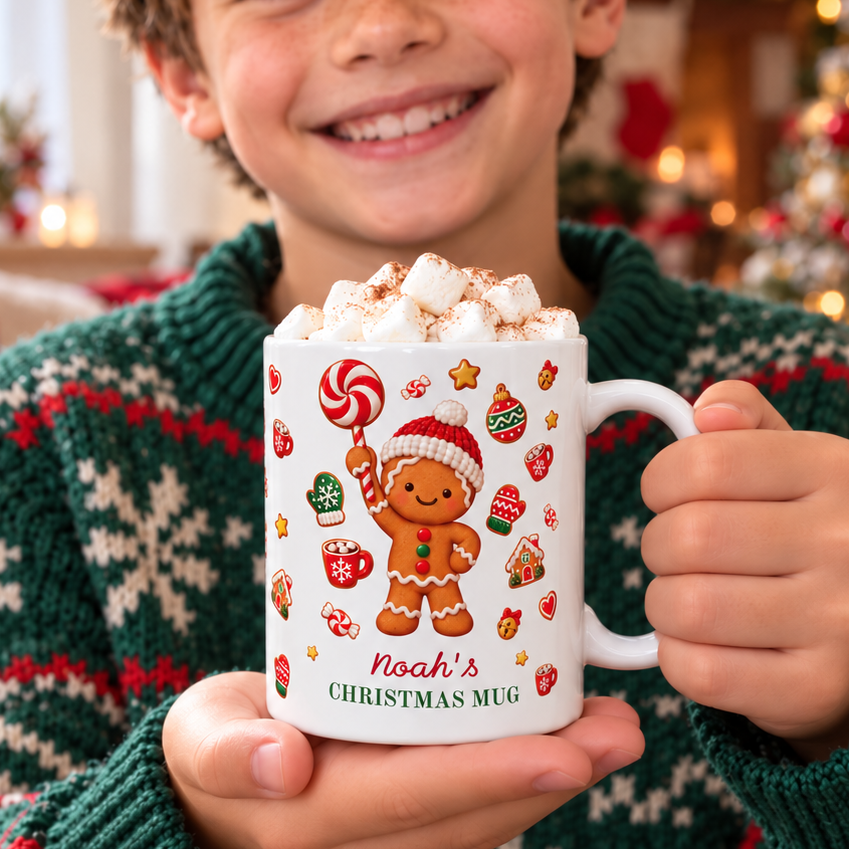 Smiling boy in a Christmas sweater holding a white 11oz gingerbread mug with hot chocolate and marshmallows.