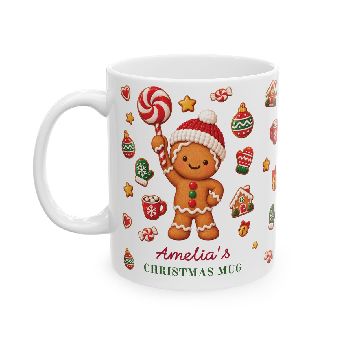 White ceramic 11oz Christmas mug with a gingerbread cookie holding a lollipop and the text 'Amelia's CHRISTMAS MUG'. Left handle view.