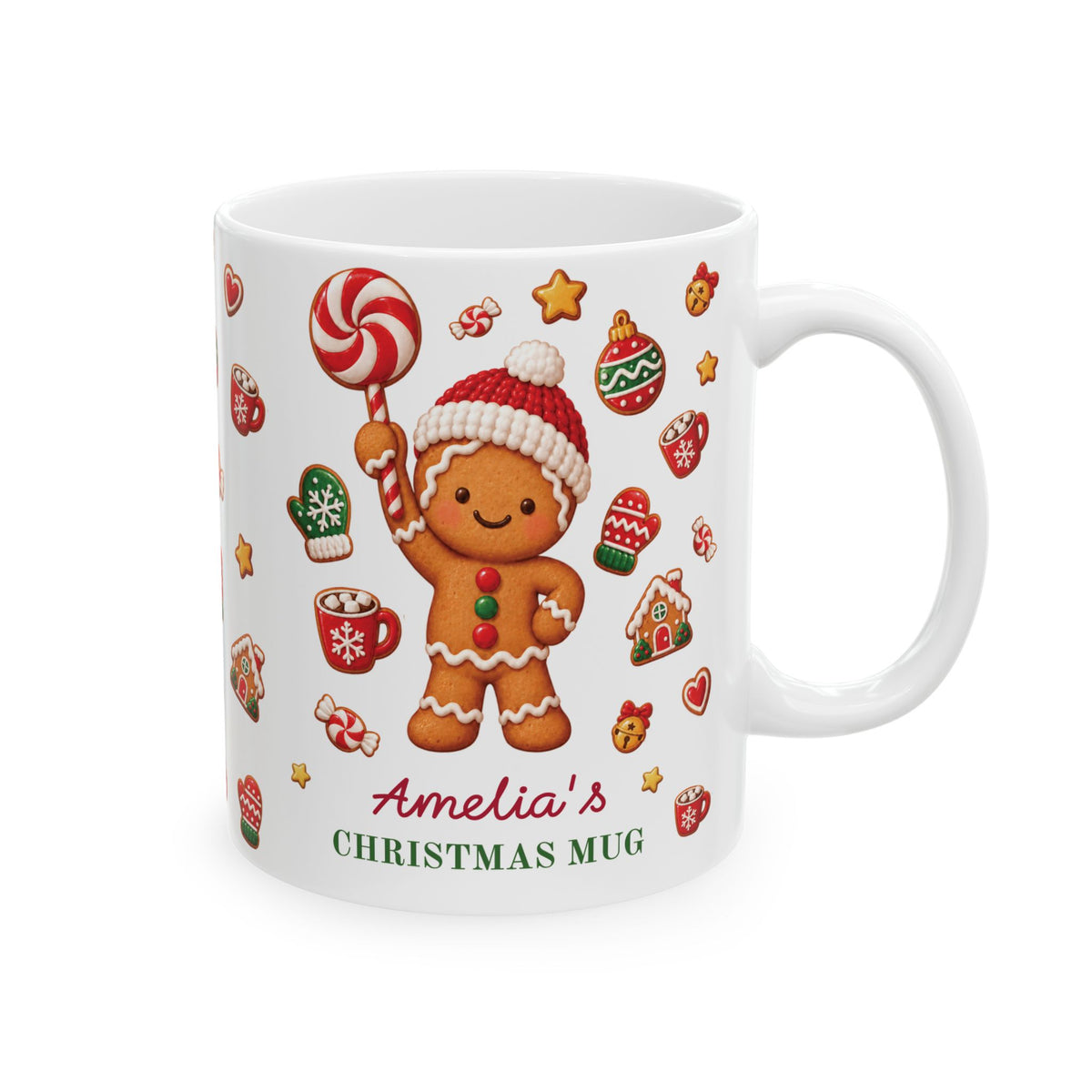 White ceramic 11oz gingerbread Christmas mug with festive cookies and the text 'Amelia's CHRISTMAS MUG'. Right handle view.