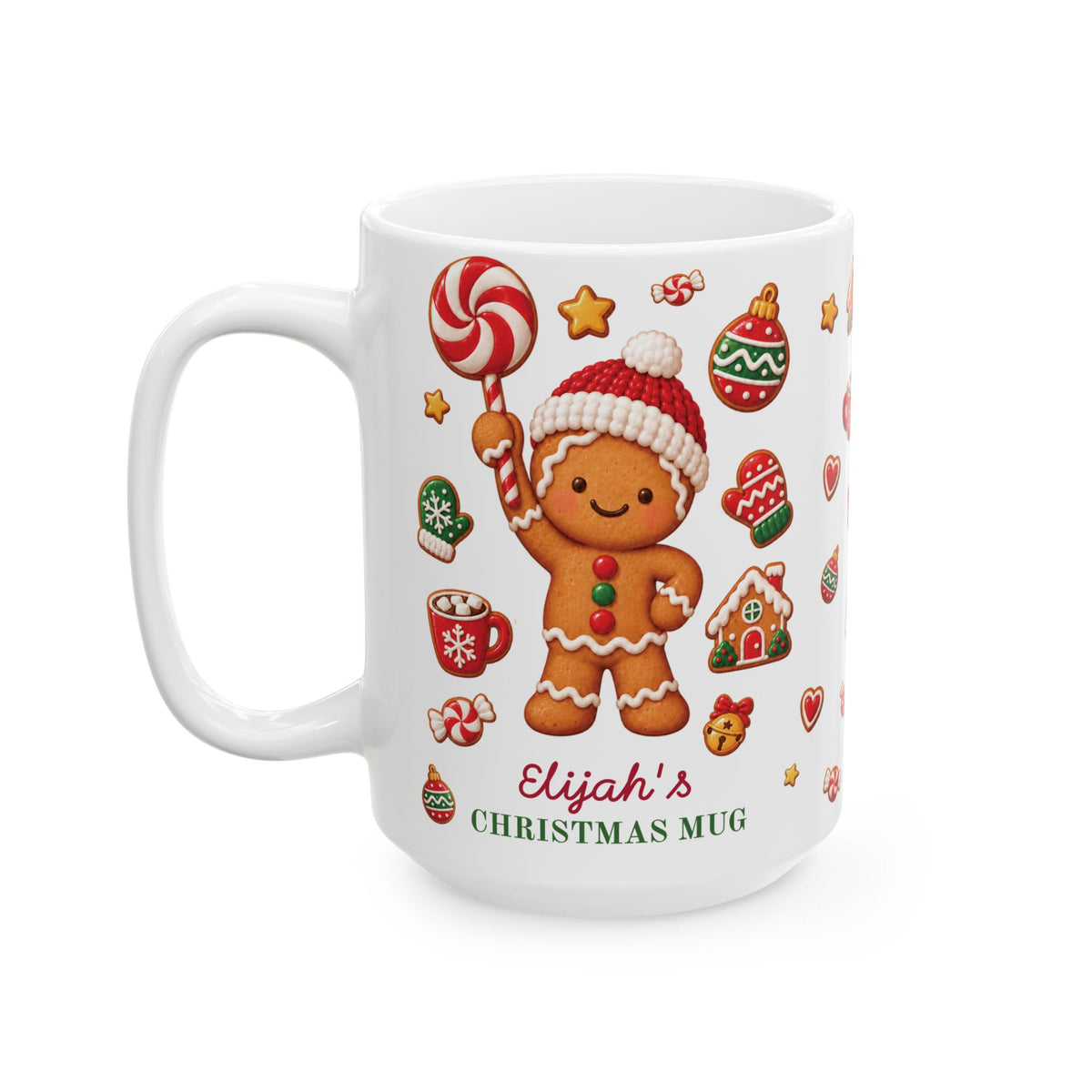 White ceramic 15oz Christmas mug with a gingerbread cookie holding a lollipop and the text 'Elijah's CHRISTMAS MUG'. Left handle view.