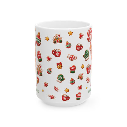 White ceramic 15oz mug with a Christmas pattern of gingerbread houses, cocoa cups, mittens and hearts. Handle not visible.