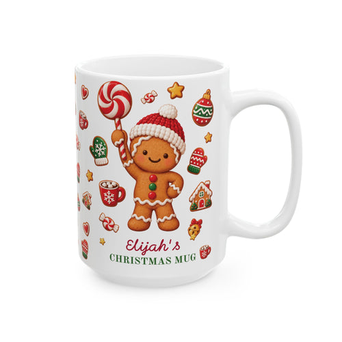 White ceramic 15oz Christmas mug with a gingerbread cookie holding a lollipop and the text 'Elijah's CHRISTMAS MUG'. Right handle view.