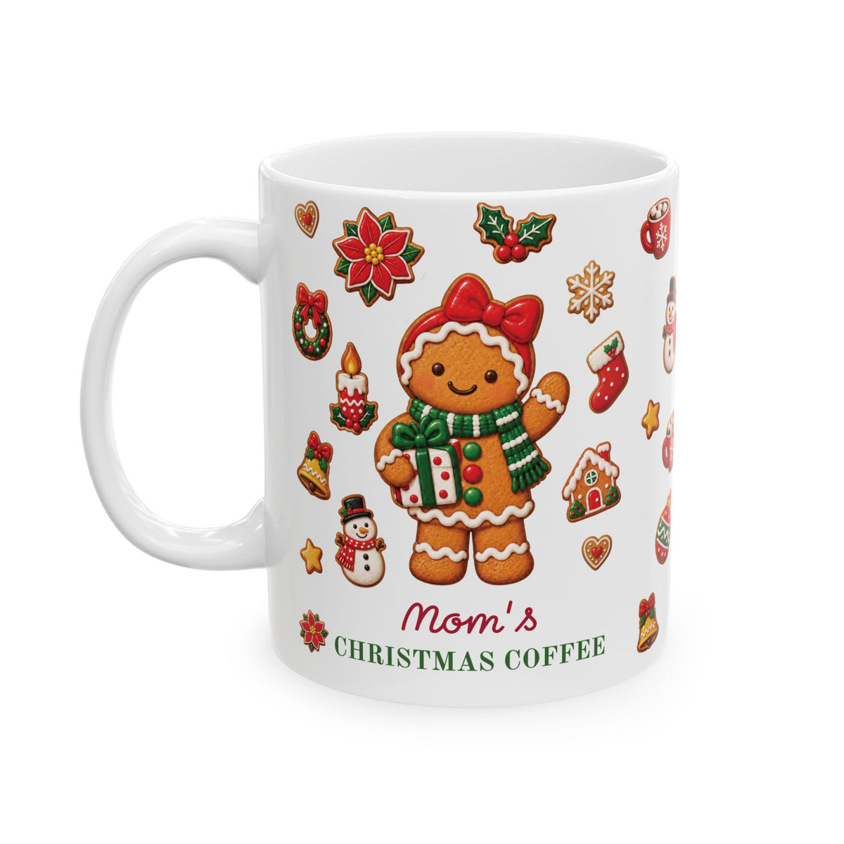 A white ceramic 11oz mug featuring a festive Christmas design with a gingerbread elf character, surrounded by holiday motifs like ornaments, holly, and stars. The text 'Mom's CHRISTMAS COFFEE' is printed on the front. Left handle view.