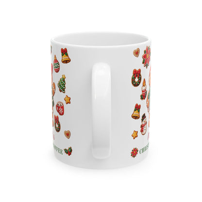 Handle view of a white ceramic 11oz mug, decorated with a festive Christmas pattern featuring a gingerbread figure, snowmen, stars, wreaths, and hot cocoa cups.