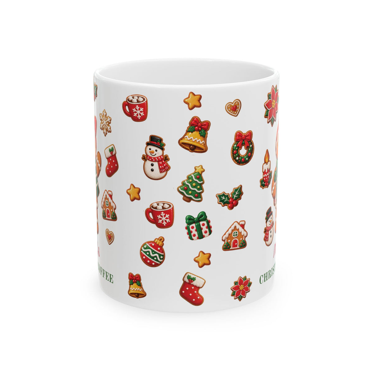 A white ceramic 11oz mug decorated with a festive Christmas pattern of gingerbread cookies, stockings, bells, wreaths, and hot chocolate cups, shown on a plain white background. Handle not visible.