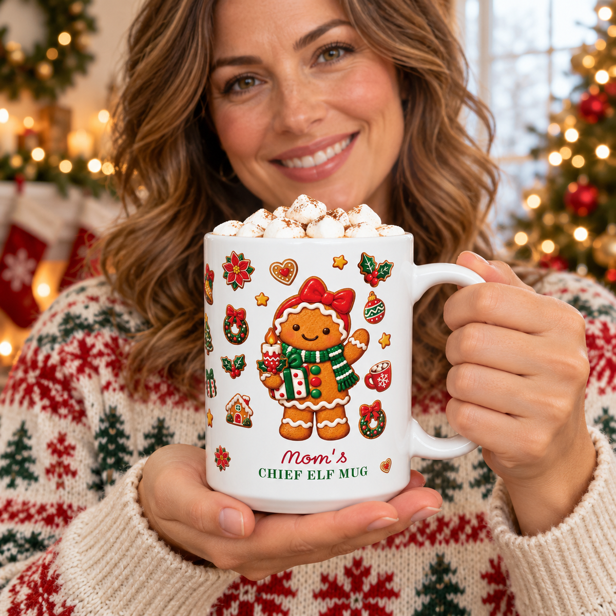 A woman in a festive red and green Christmas sweater holds a white ceramic 15oz mug topped with marshmellows. The mug features a female gingerbread character surrounded by holiday ornaments and the text 'Mom's CHIEF ELF MUG'.