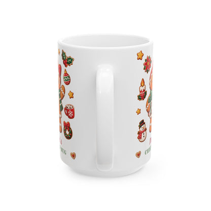 Handle view of a white ceramic 15oz mug, decorated with a festive Christmas pattern featuring a gingerbread figure, snowmen, stars, wreaths, and hot cocoa cups.