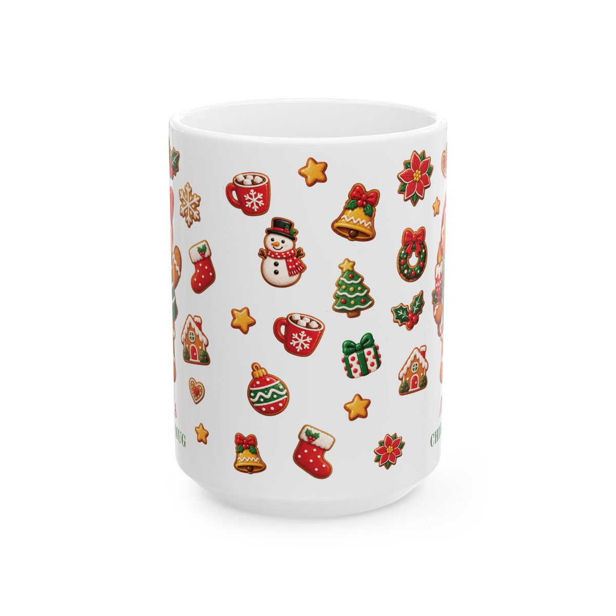 A white ceramic 15oz mug decorated with a festive Christmas pattern of gingerbread cookies, stockings, bells, wreaths, and hot chocolate cups, shown on a plain white background. Handle not visible.