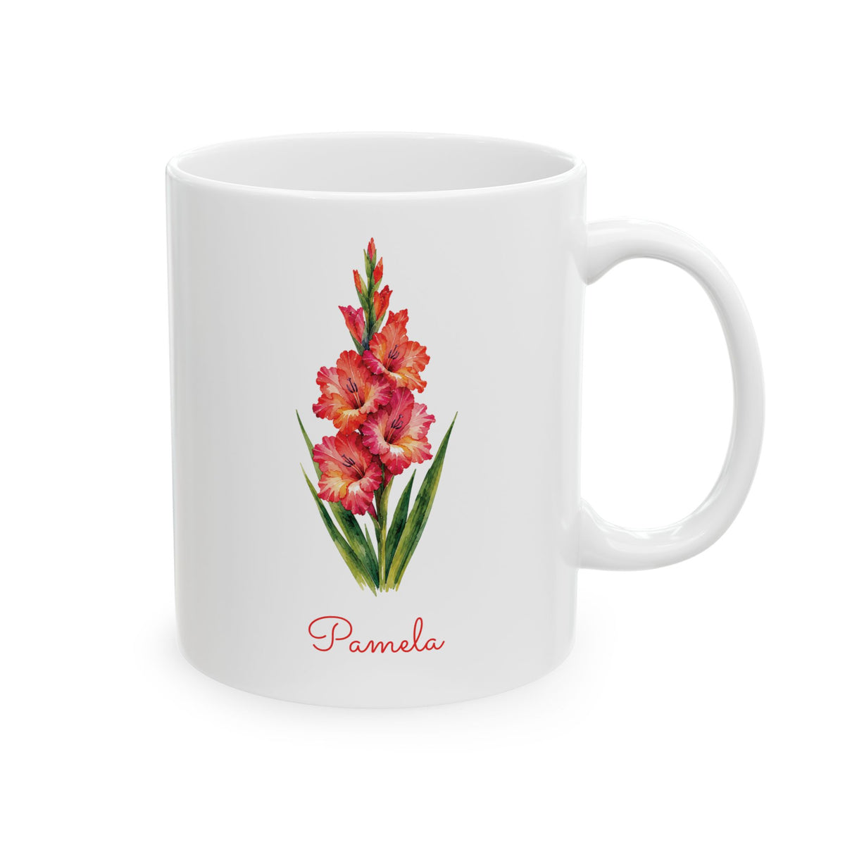 Gladiolus birth flower personalized ceramic mug, 11oz, right side view.